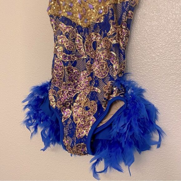 Glamour dance costume solo gold sequin blue feather sassy salsa jazz MC child - Picture 3 of 11